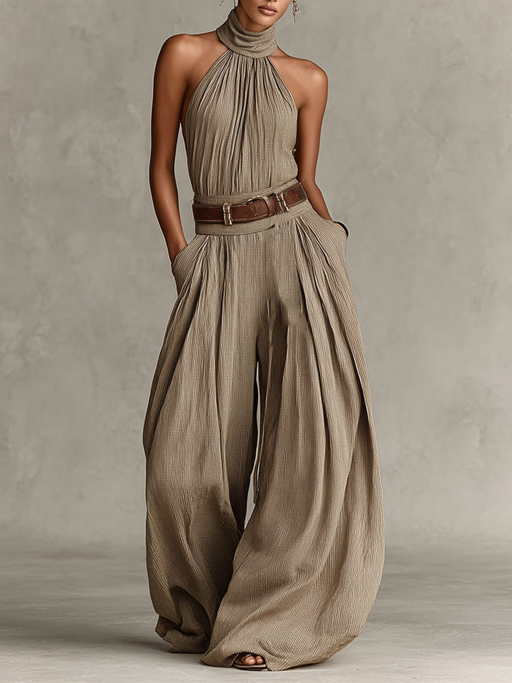 Pisa | Tuta wide leg tortora con scollo all'americana in stile boho