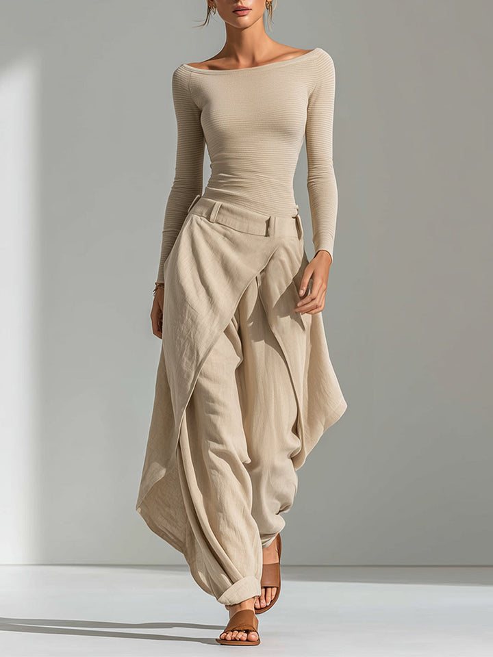 Ambra | Completo beige con top a barca e pantaloni ampi drappeggiati