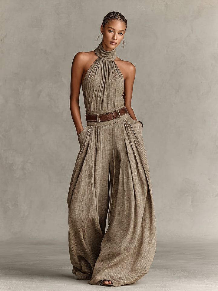 Pisa | Tuta wide leg tortora con scollo all'americana in stile boho
