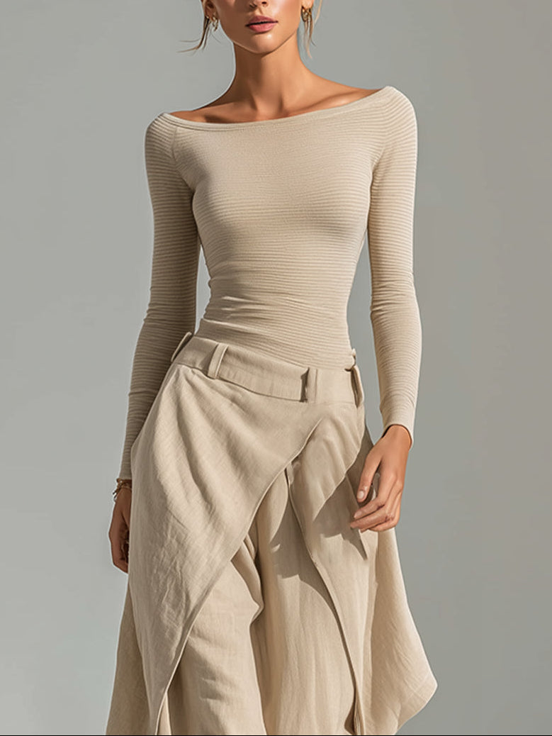 Ambra | Completo beige con top a barca e pantaloni ampi drappeggiati