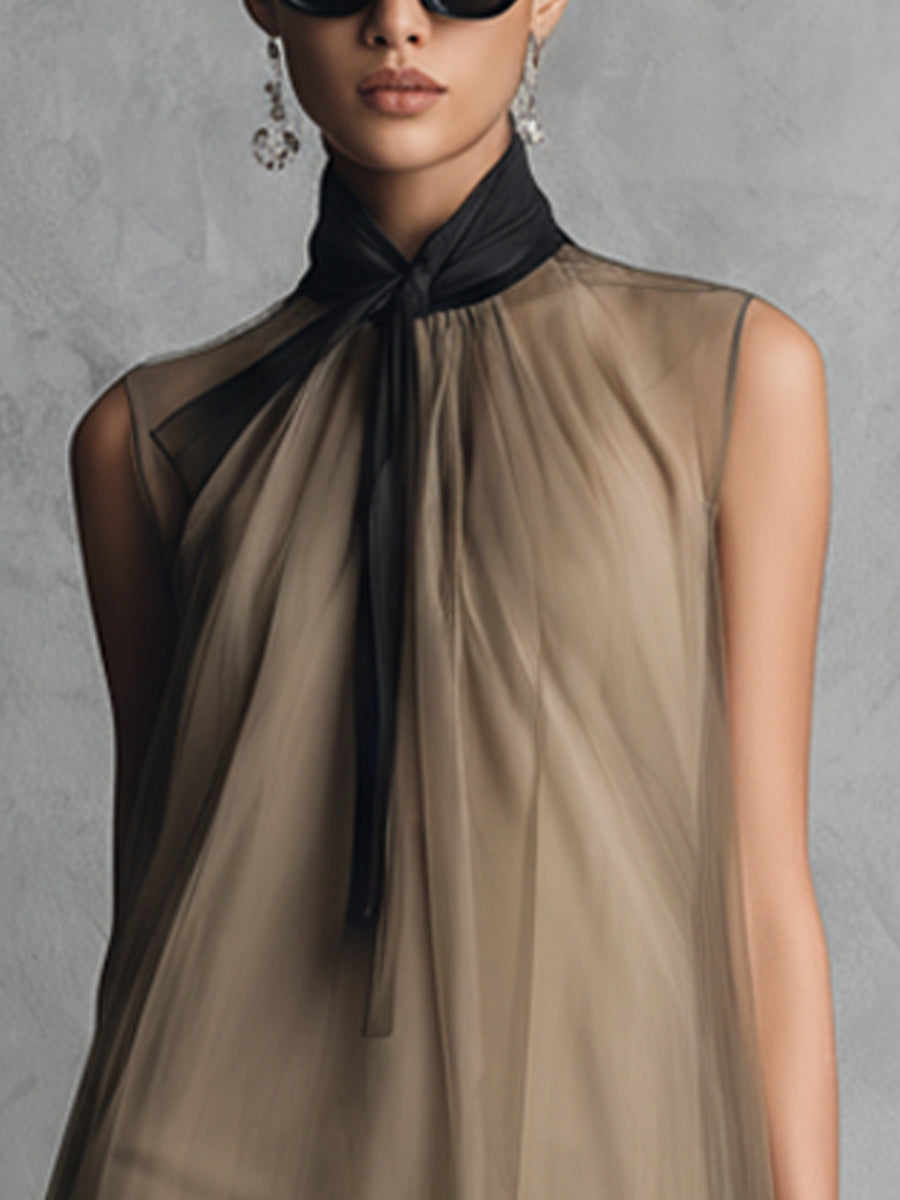 Milena | Abito drappeggiato in chiffon caqui con lazo al collo