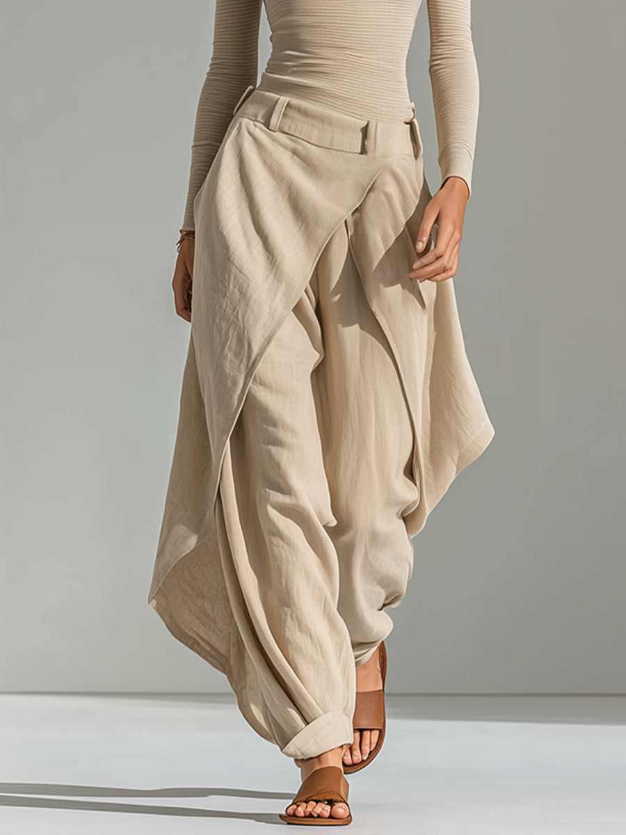 Ambra | Completo beige con top a barca e pantaloni ampi drappeggiati