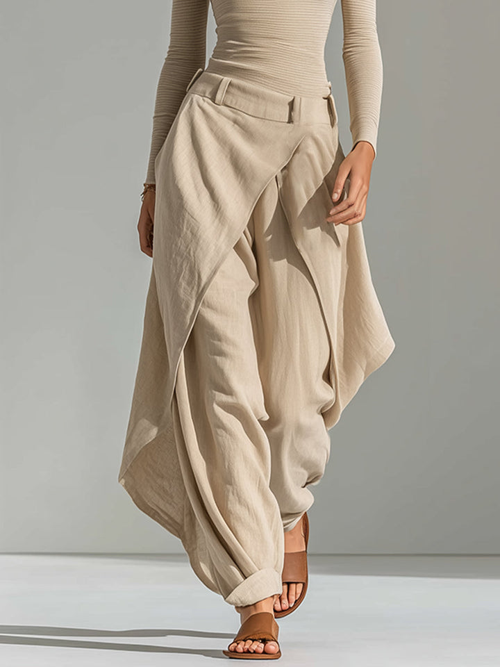 Ambra | Completo beige con top a barca e pantaloni ampi drappeggiati