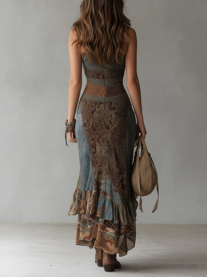 Sardegna | Abito maxi monospalla con stampa etnica e frange dal fascino boho