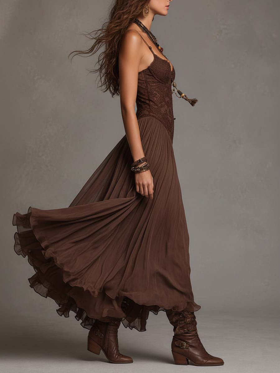 Genova | Abito lungo in chiffon e pizzo marrone dal fascino romantico boho