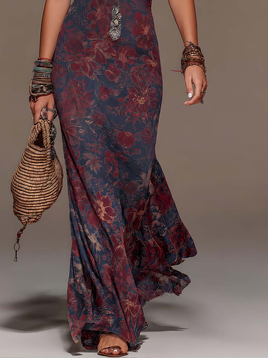 Sibilla | Abito maxi a sirena con scollo halter, pizzo e stampa floreale retrò