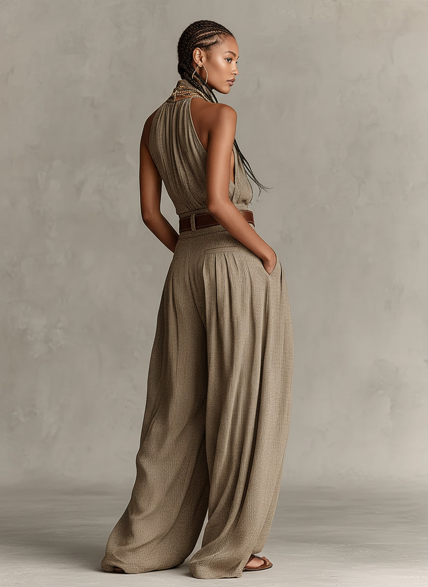 Pisa | Tuta wide leg tortora con scollo all'americana in stile boho