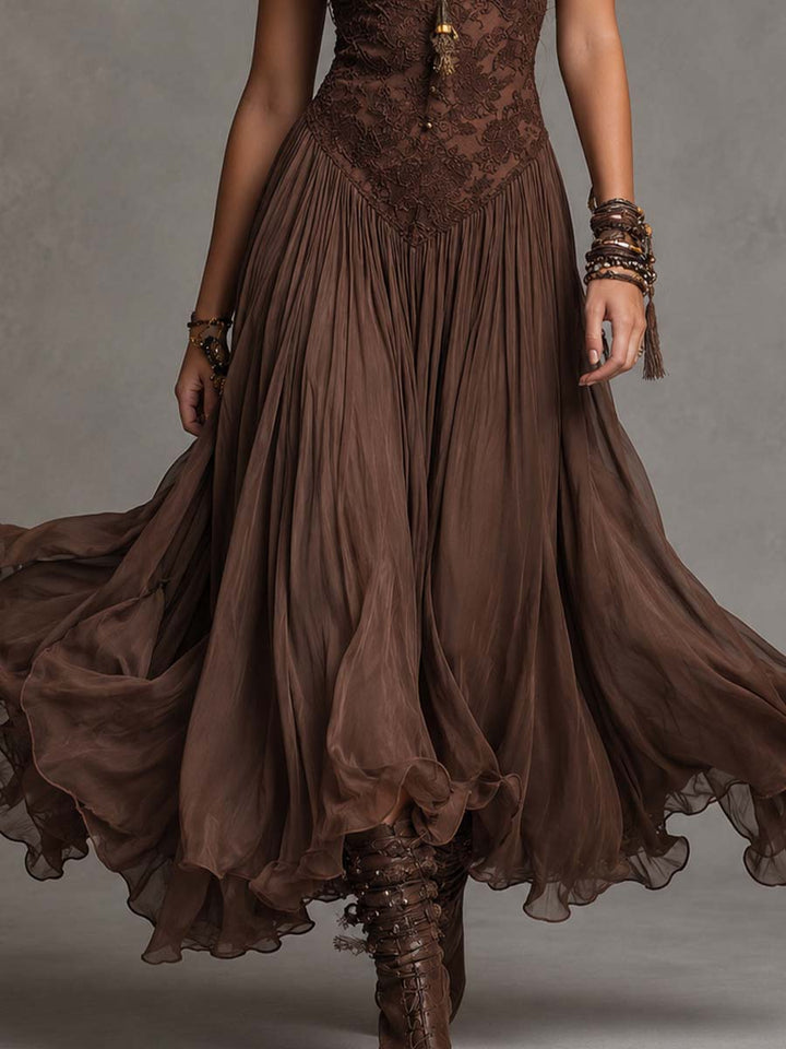 Genova | Abito lungo in chiffon e pizzo marrone dal fascino romantico boho