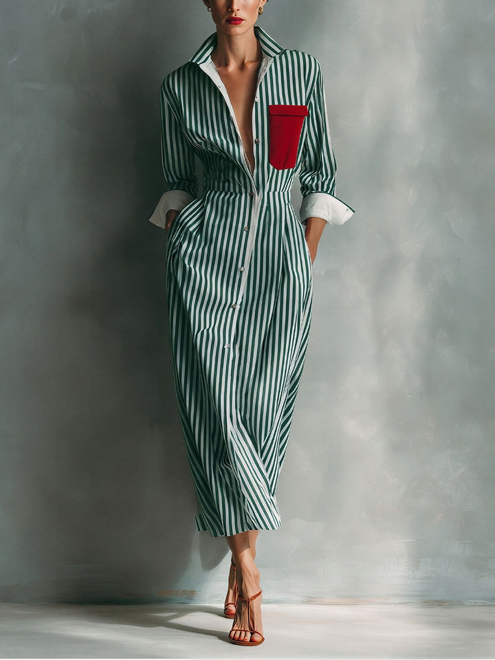 Milano | Vestito camicia a righe con taschino rosso sul petto