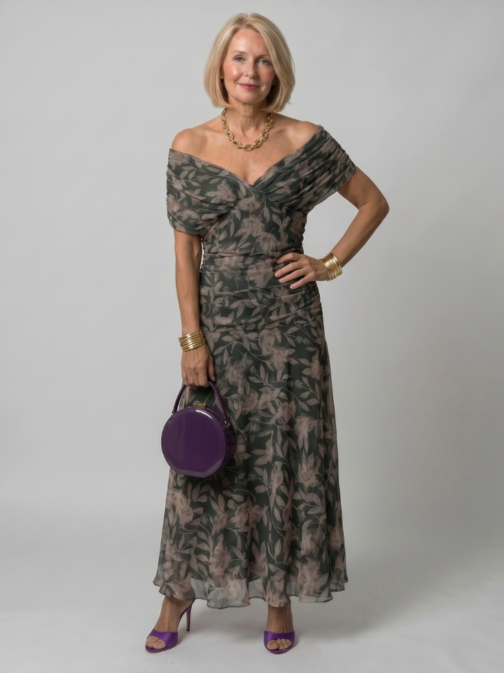 Torino | Abito midi off-shoulder in chiffon floreale dal fascino romantico