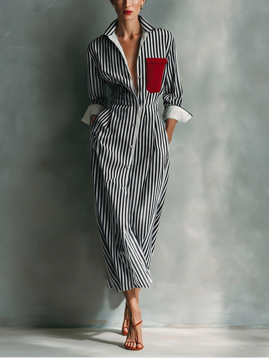 Milano | Vestito camicia a righe con taschino rosso sul petto