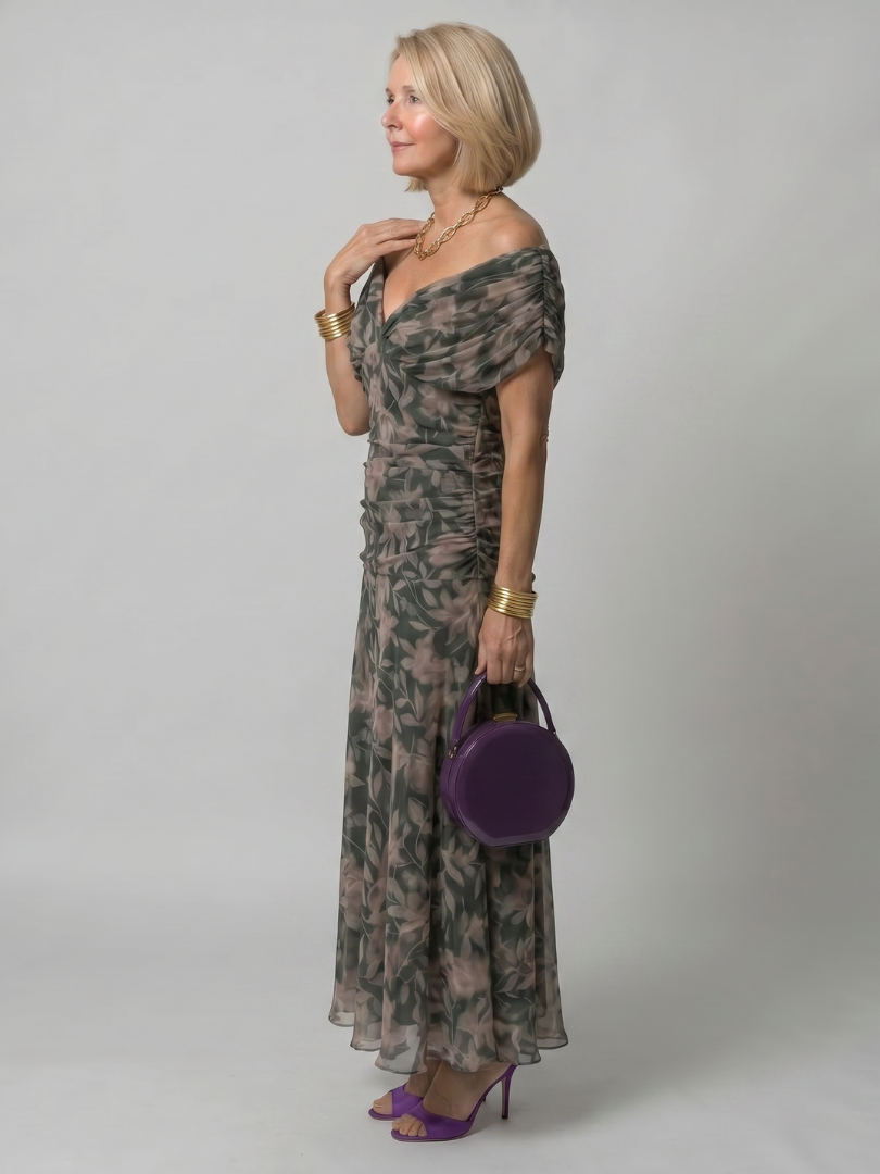 Torino | Abito midi off-shoulder in chiffon floreale dal fascino romantico