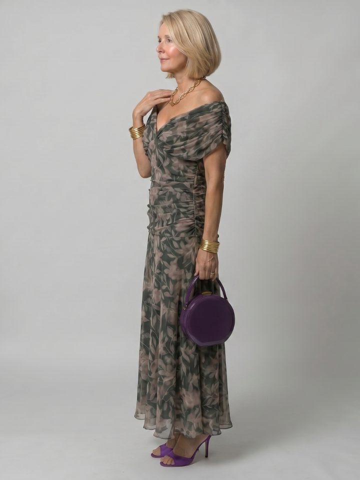 Torino | Abito midi off-shoulder in chiffon floreale dal fascino romantico