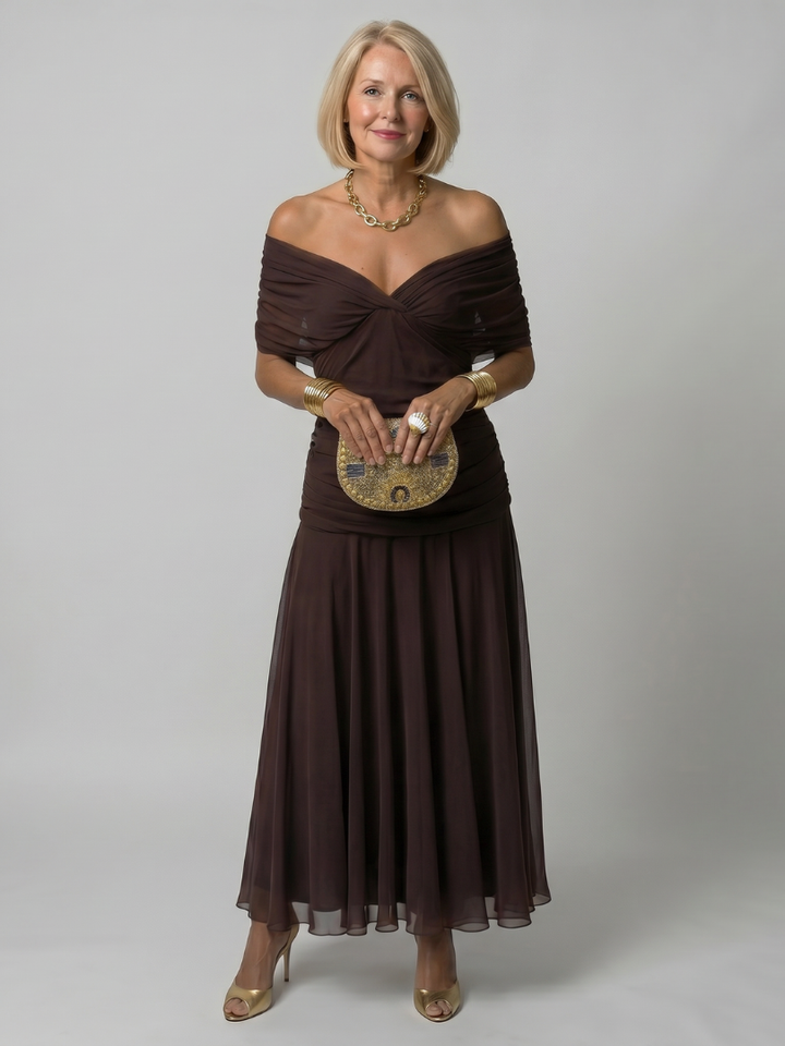 Torino | Abito midi off-shoulder in chiffon floreale dal fascino romantico