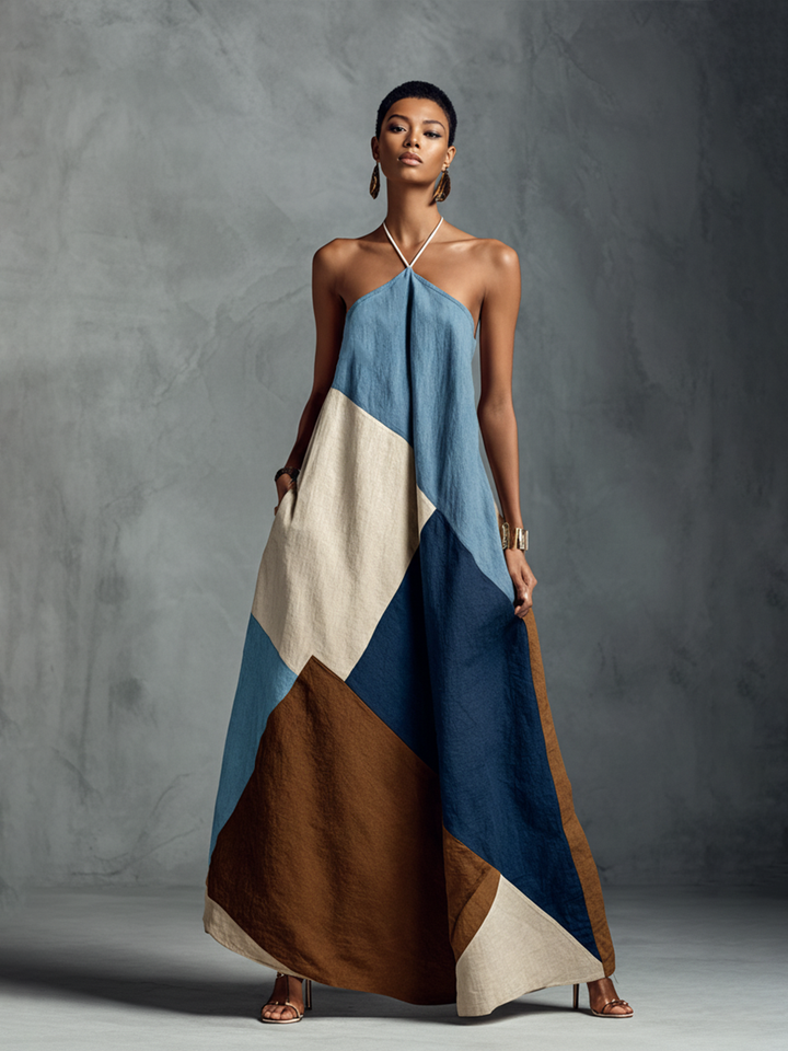 Veneto | Abito maxi halter patchwork in toni terra e blu navy