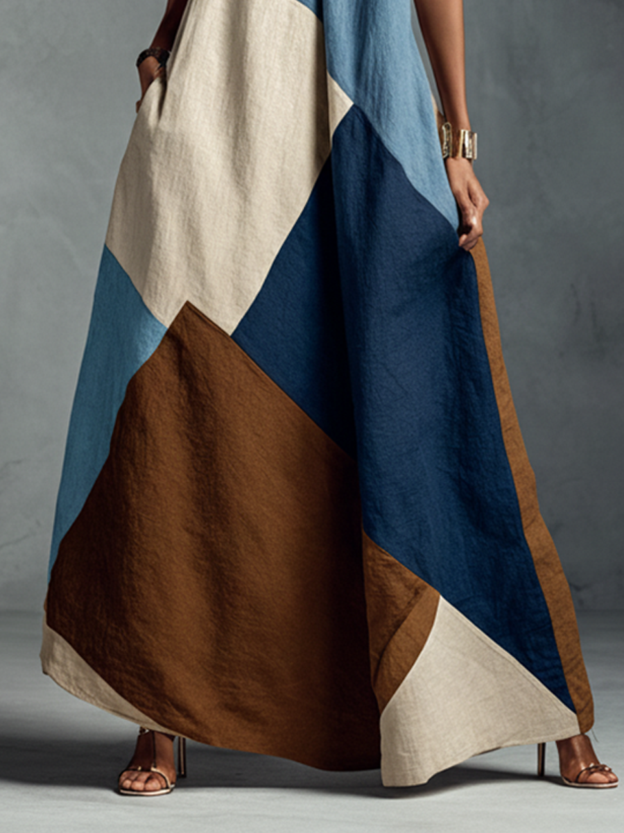 Veneto | Abito maxi halter patchwork in toni terra e blu navy