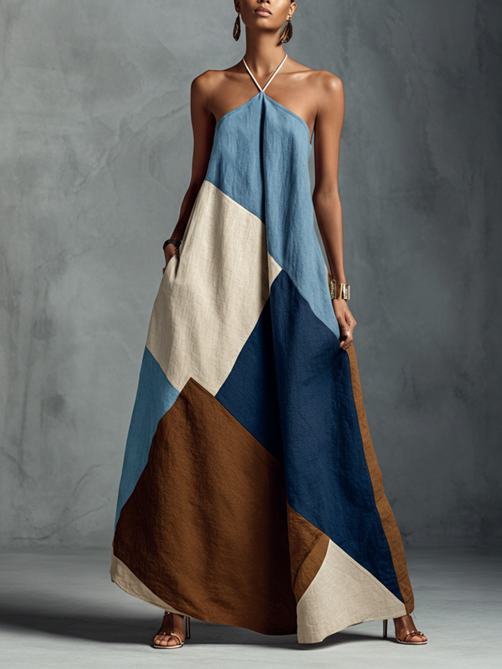 Veneto | Abito maxi halter patchwork in toni terra e blu navy