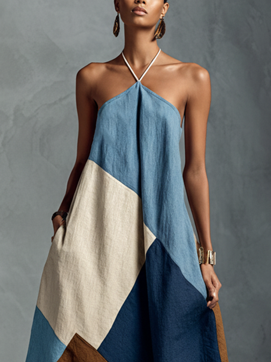 Veneto | Abito maxi halter patchwork in toni terra e blu navy