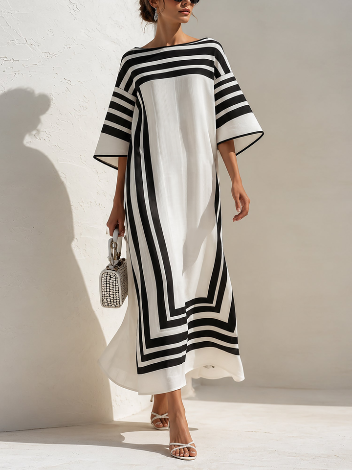 Lidia | Kaftan maxi a righe geometriche nero e bianco