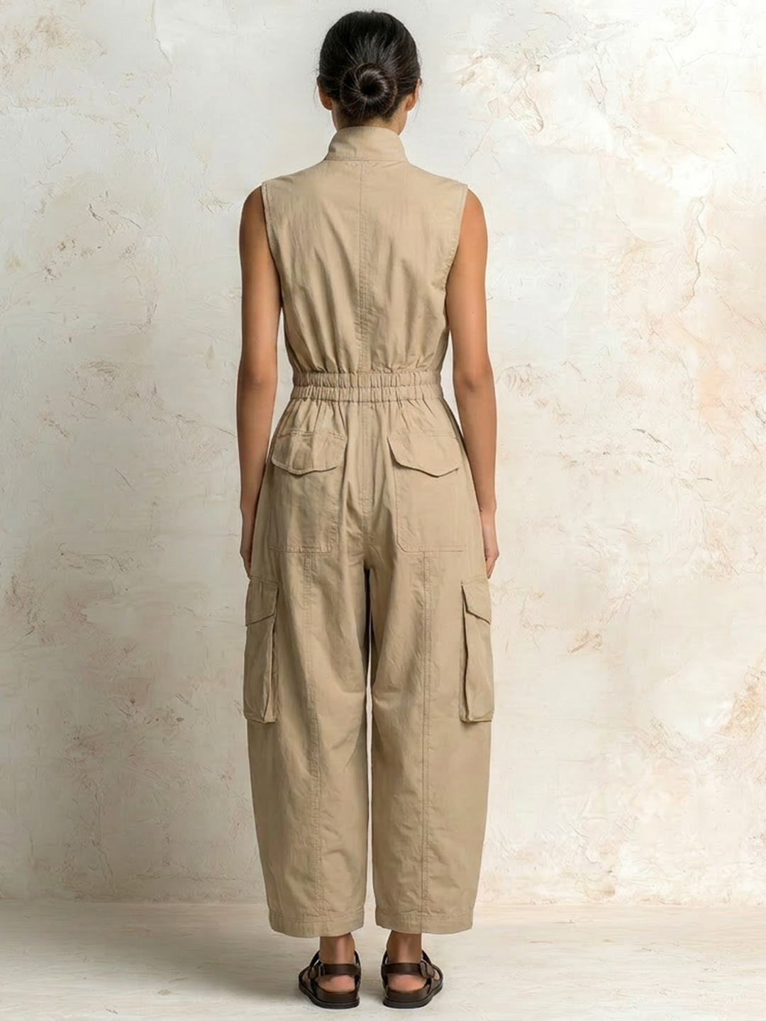 Elba | Tuta cargo utility senza maniche in cotone beige con zip frontale