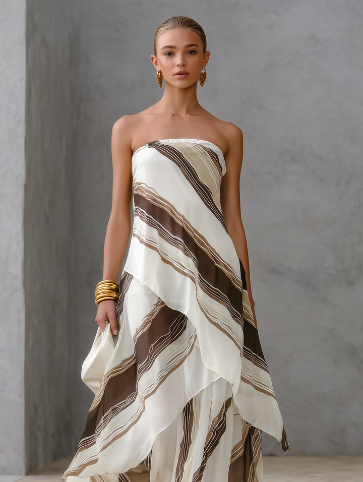 Giulia | Maxi abito a righe bianco e marrone con scollo dritto