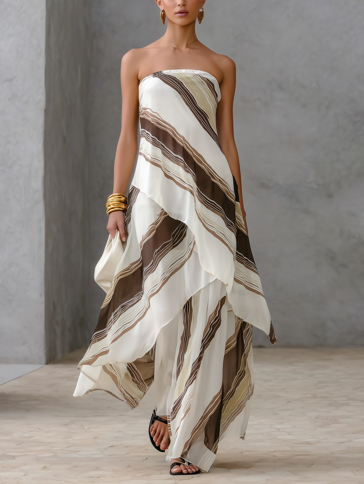 Giulia | Maxi abito a righe bianco e marrone con scollo dritto