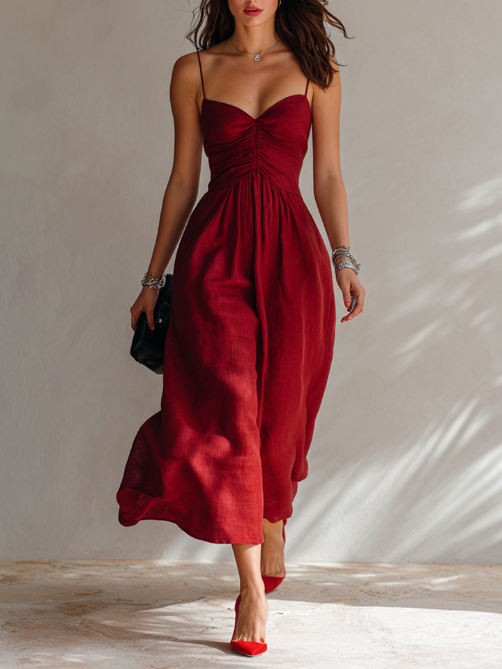 Alba | Midi abito rosso con scollo a cuore e corpetto arricciato