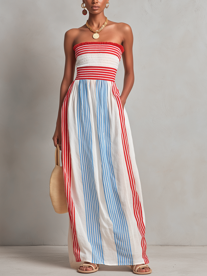 Romagna | Abito maxi a righe rosse e blu con corpino smock senza spalline