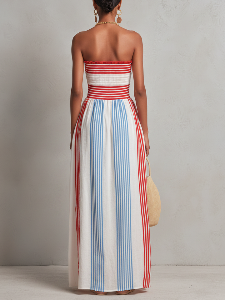 Romagna | Abito maxi a righe rosse e blu con corpino smock senza spalline