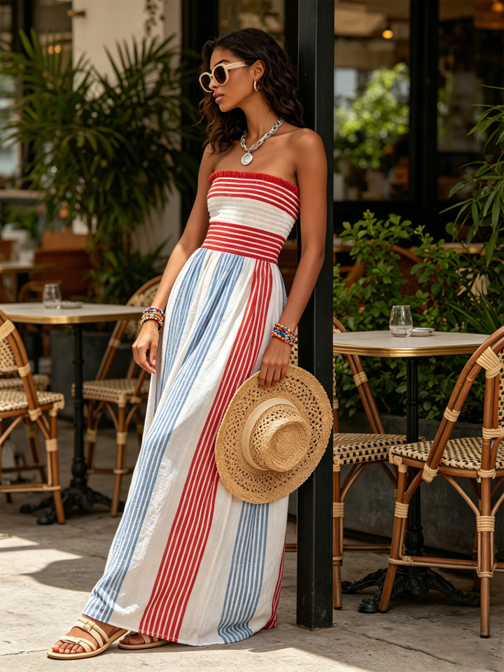 Romagna | Abito maxi a righe rosse e blu con corpino smock senza spalline