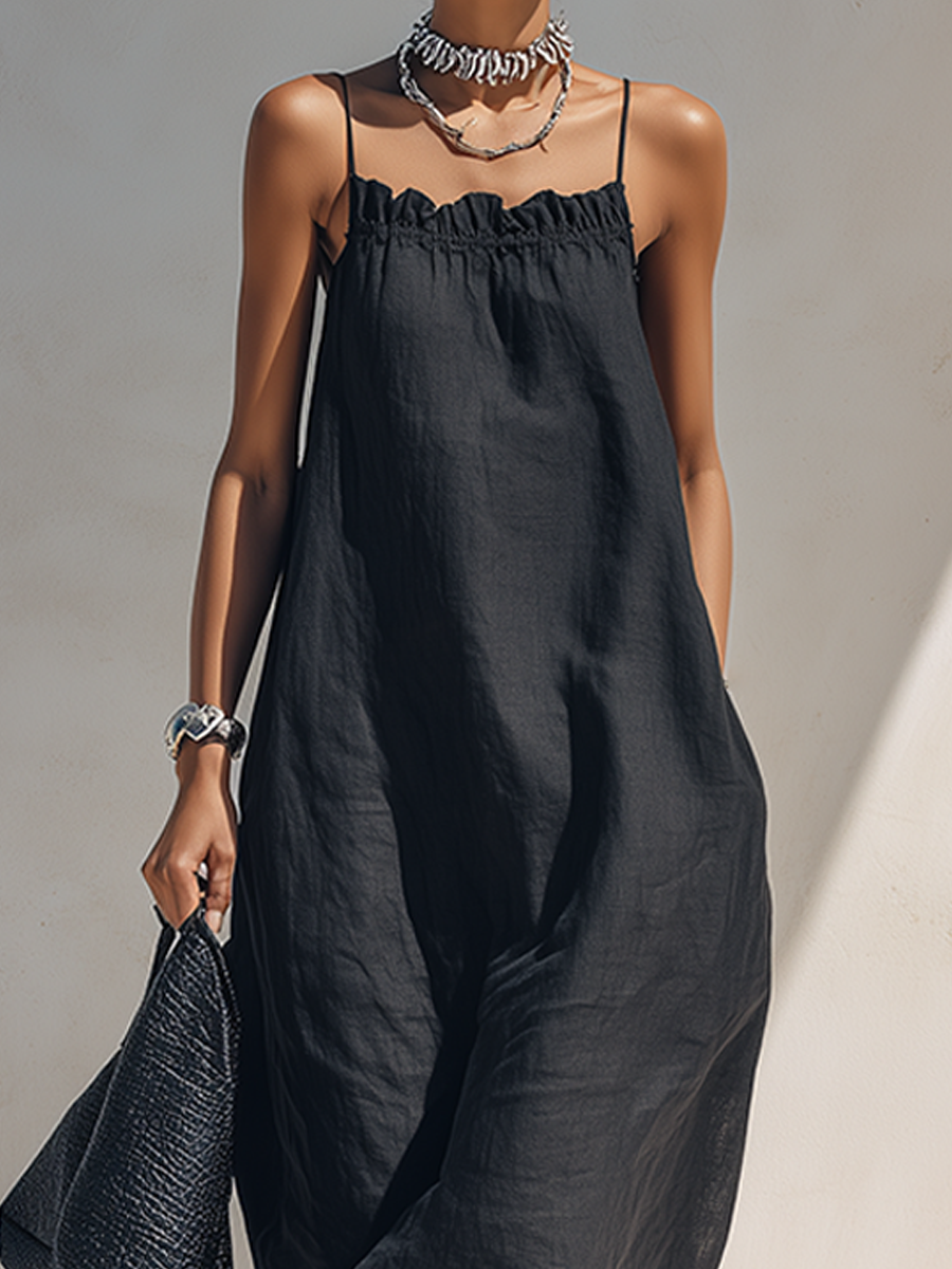 Cinque Terre | Maxi abito nero con scollo arricciato e spalline sottili