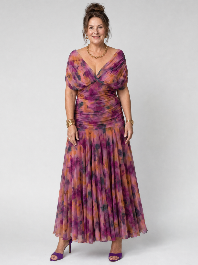 Torino | Abito midi off-shoulder in chiffon floreale dal fascino romantico
