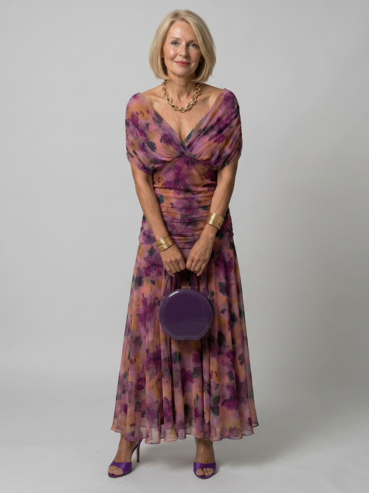 Torino | Abito midi off-shoulder in chiffon floreale dal fascino romantico