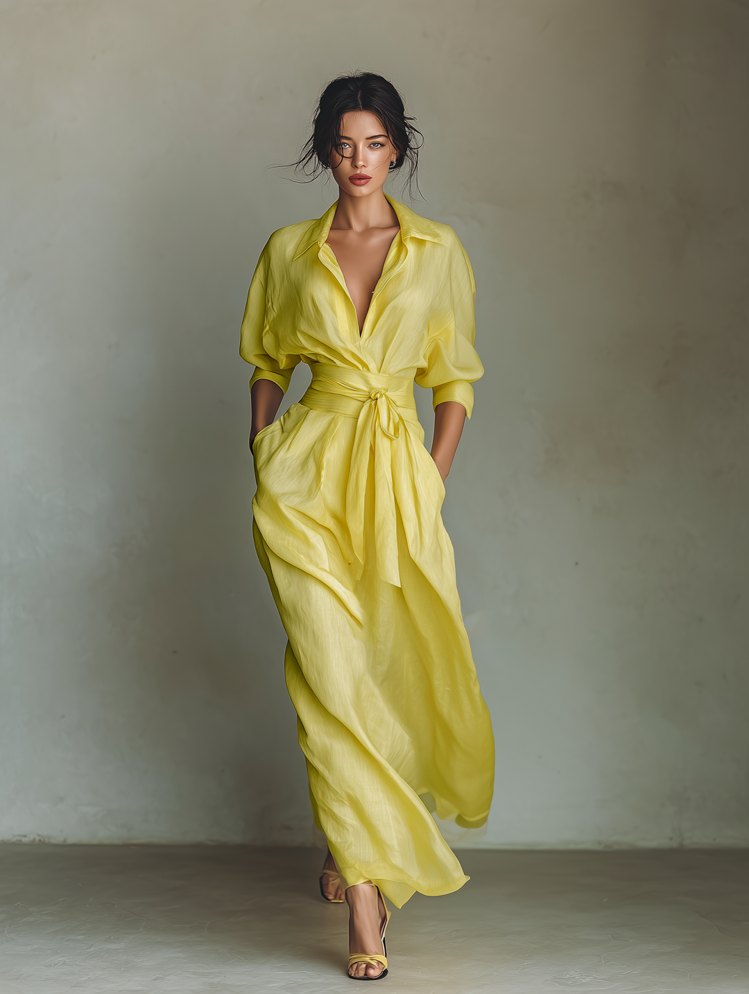 Ravenna | Abito chemisier maxi giallo limone con cintura