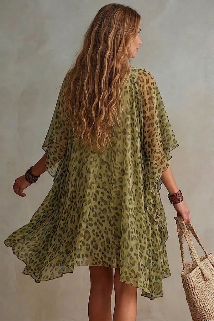 Sole  | Abito kaftan in chiffon leopardato verde oliva con scollo a V