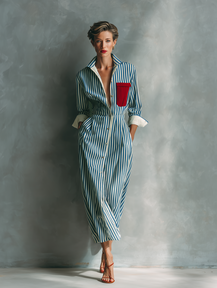 Milano | Vestito camicia a righe con taschino rosso sul petto