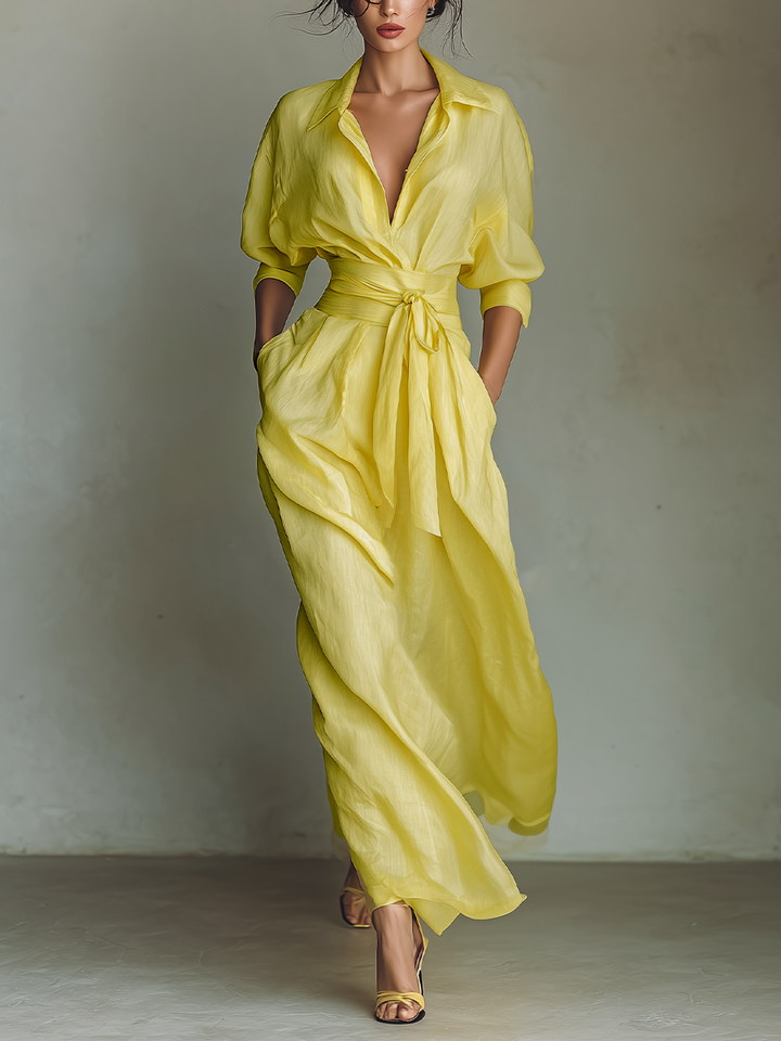 Ravenna | Abito chemisier maxi giallo limone con cintura