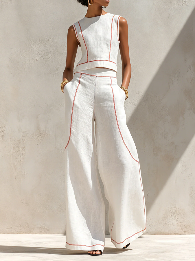 Sogno | Coordinato bianco con top smanicato e pantaloni a gamba larga