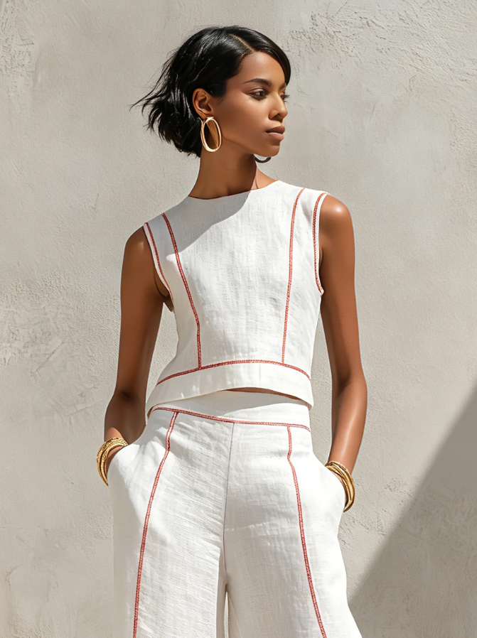 Sogno | Coordinato bianco con top smanicato e pantaloni a gamba larga