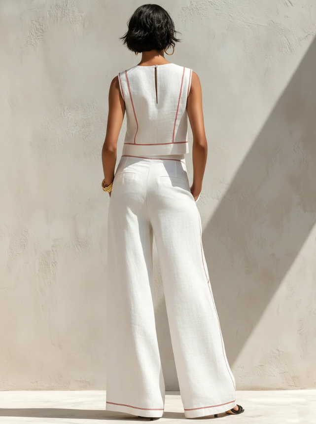 Sogno | Coordinato bianco con top smanicato e pantaloni a gamba larga