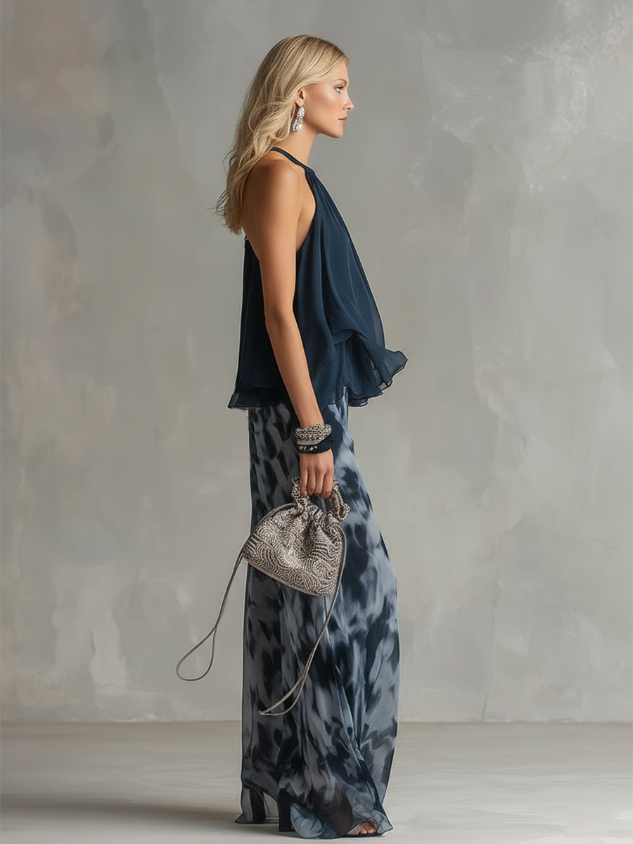 Marta | Completo blusa halter blu navy con pantaloni stampati