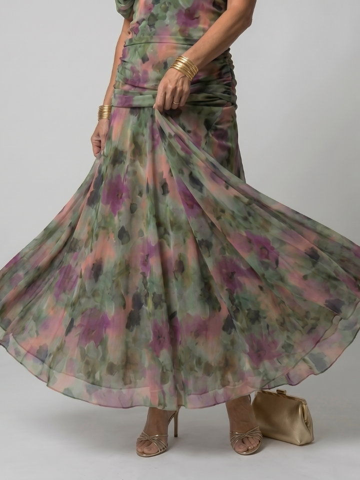 Torino | Abito midi off-shoulder in chiffon floreale dal fascino romantico