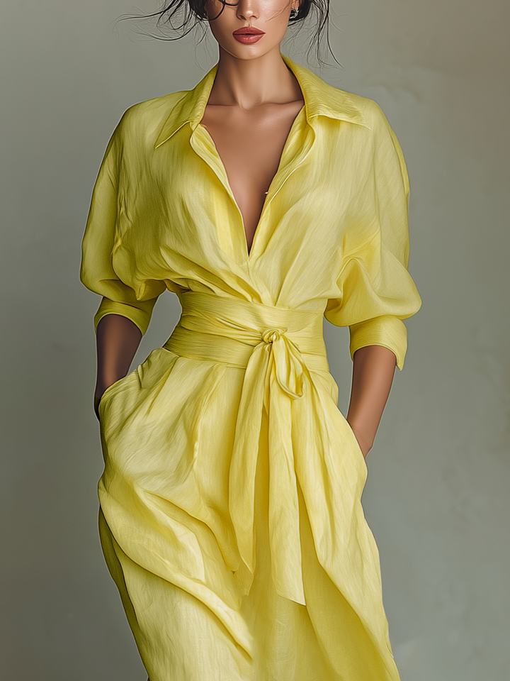 Ravenna | Abito chemisier maxi giallo limone con cintura