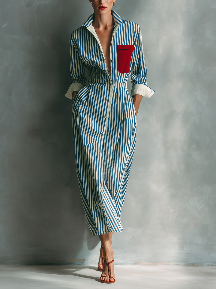 Milano | Vestito camicia a righe con taschino rosso sul petto