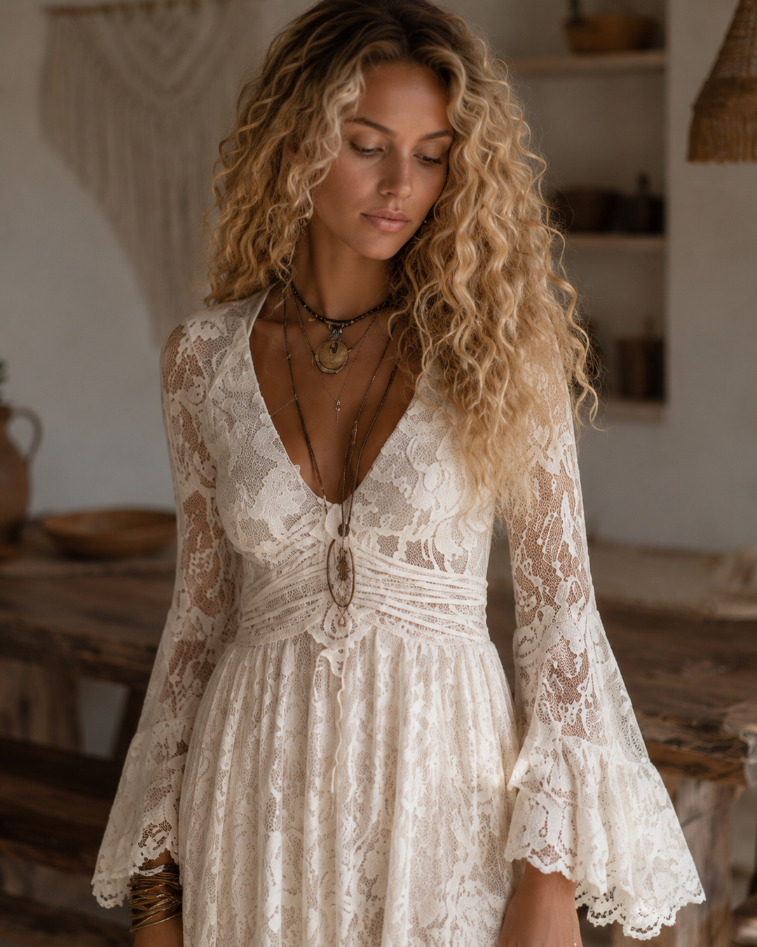 Umbria | Maxi abito color albicocca con scollo a V e maniche a campana