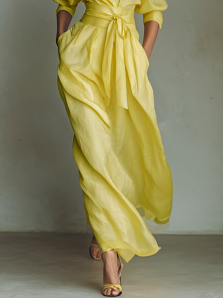 Ravenna | Abito chemisier maxi giallo limone con cintura