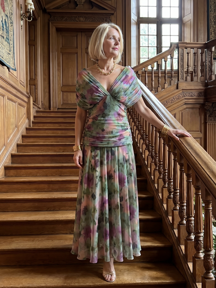Torino | Abito midi off-shoulder in chiffon floreale dal fascino romantico
