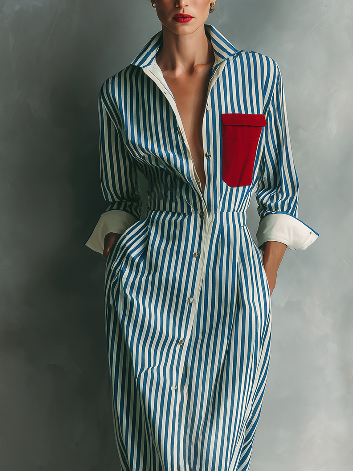 Milano | Vestito camicia a righe con taschino rosso sul petto