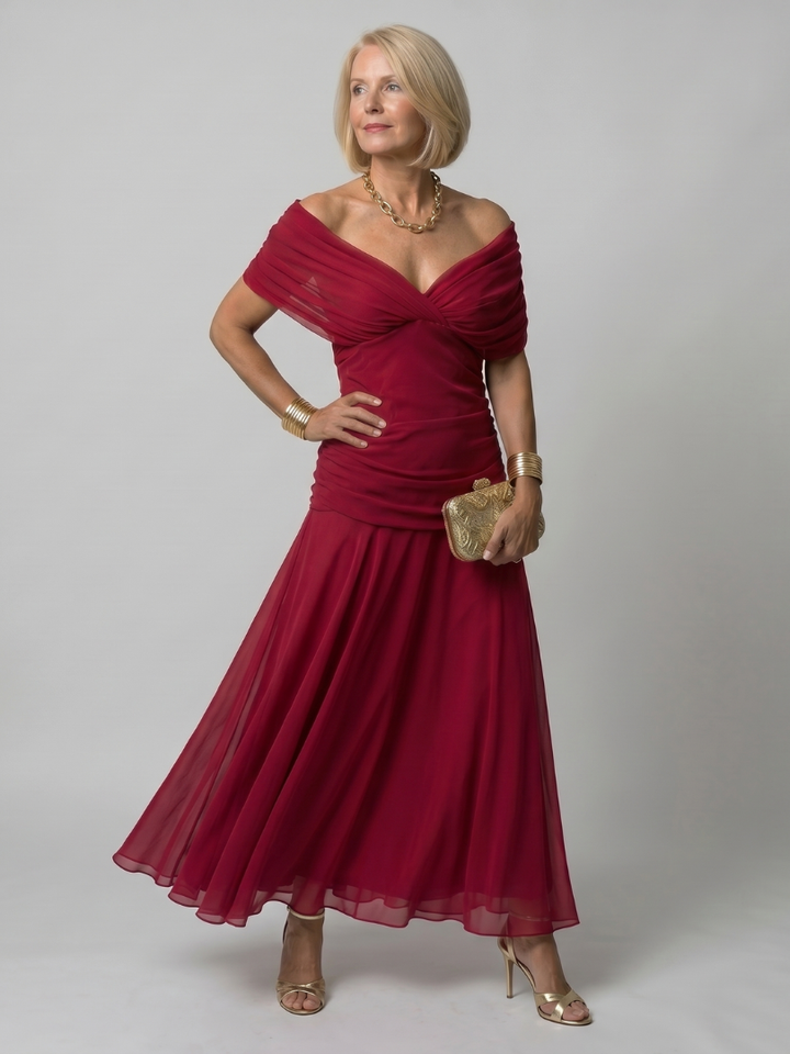 Torino | Abito midi off-shoulder in chiffon floreale dal fascino romantico