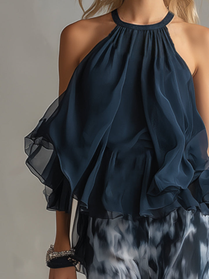 Marta | Completo blusa halter blu navy con pantaloni stampati